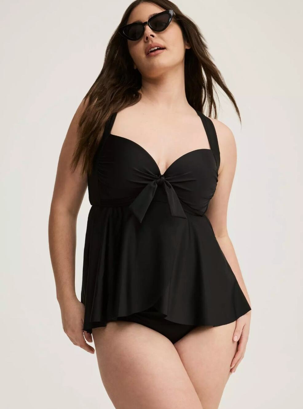 Torrid Wireless Babydoll Tie-Front Tankini Swim Top Deep Black NWT Size 1 D/DD